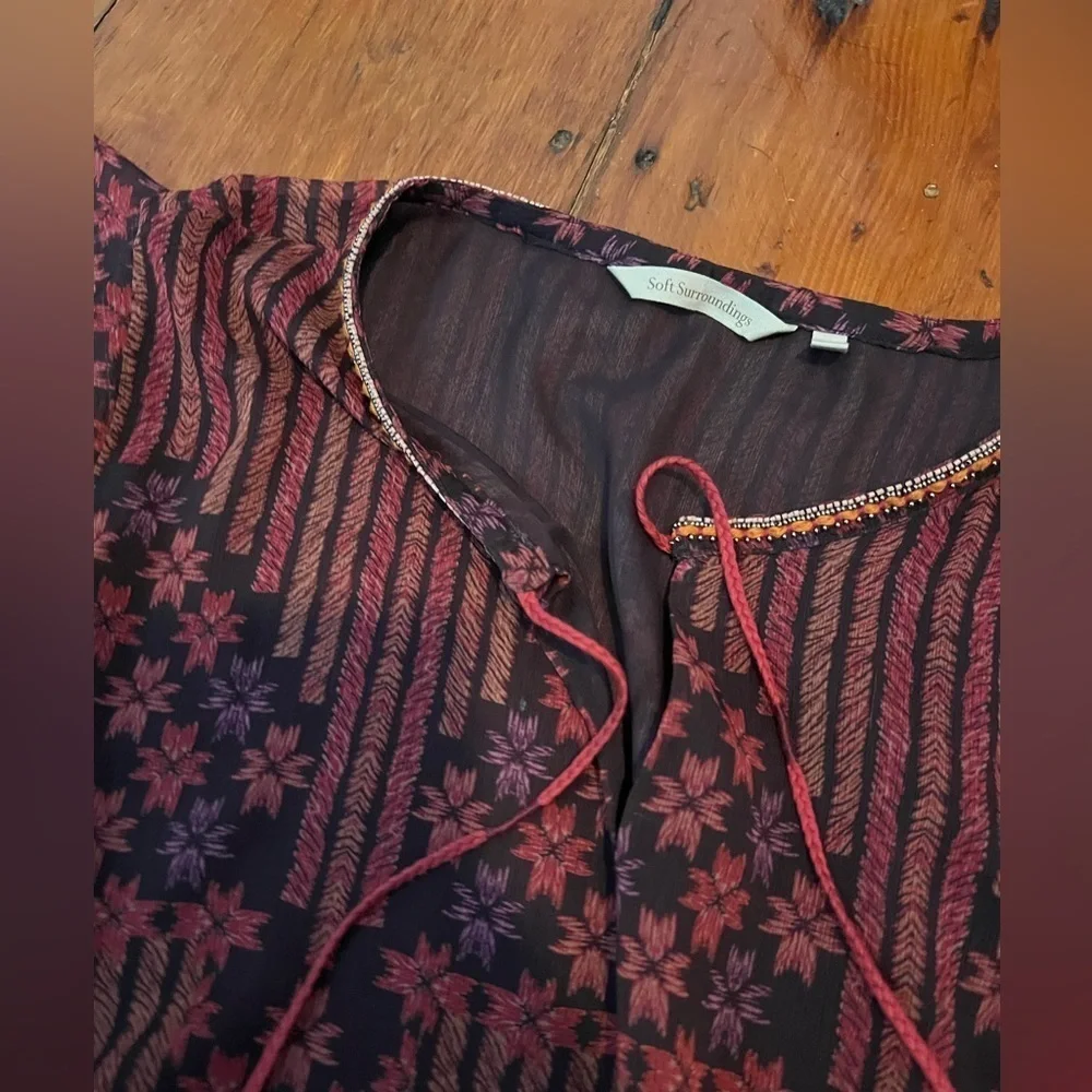 Soft Surroundings Alicia chiffon batwing blouse split neck tassel women’s large - Picture 3 of 7